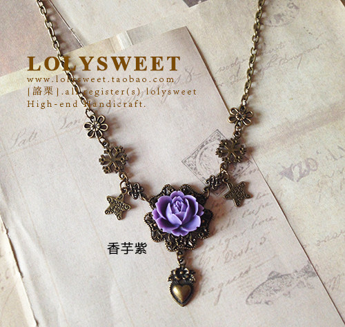 高端定制手作 复古多色蔷薇玫瑰花 蝴蝶金属水滴吊坠锁骨链