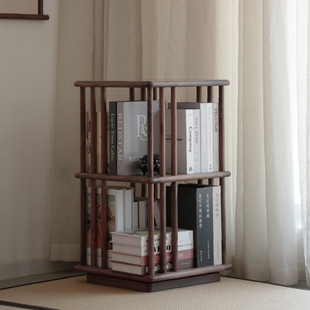 九间房旋转书架黑胡桃木实木小户型360度旋转落地架收纳置物架