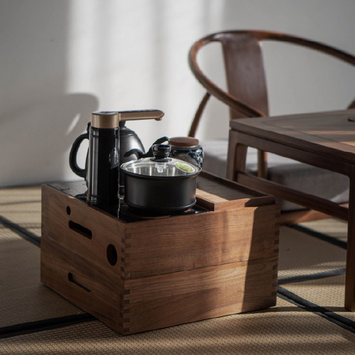 移动茶几烧水壶新中式风黑胡桃木