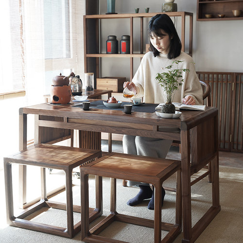 新中式风阳台茶桌组合黑胡桃木