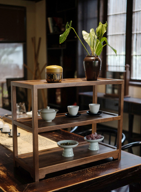 新中式实木桌面瓷器架双层置物架黑胡桃木茶室装饰茶家具收纳架