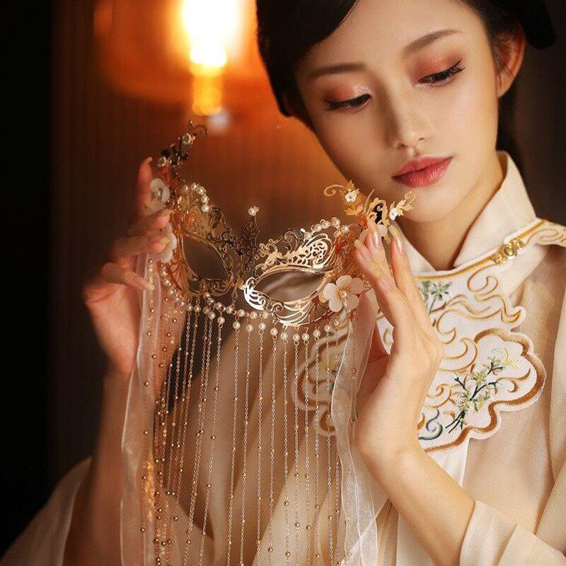 云梦歌||【半面妆】古风汉服头饰半面流苏遮面具造型金色仙气配饰
