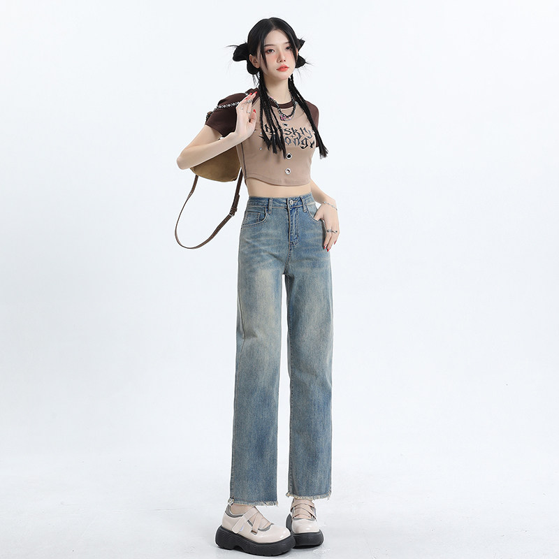 法棍直筒牛仔裤女新款小个子高腰九分浅色毛边烟管裤子