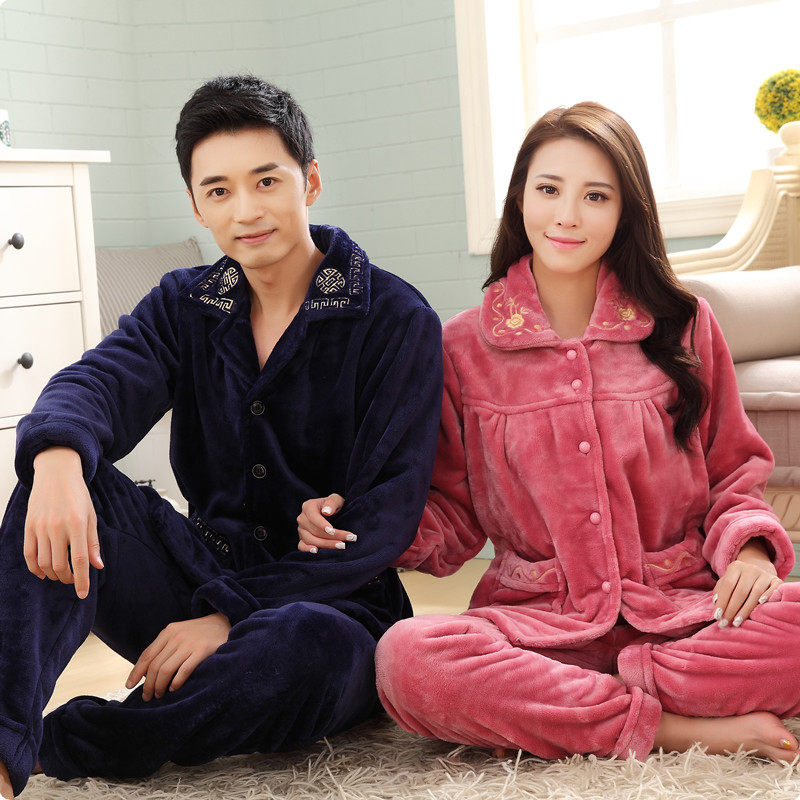 中年情侣睡衣冬季加厚加绒保暖珊瑚绒男女式爸爸妈妈情侣睡衣套装