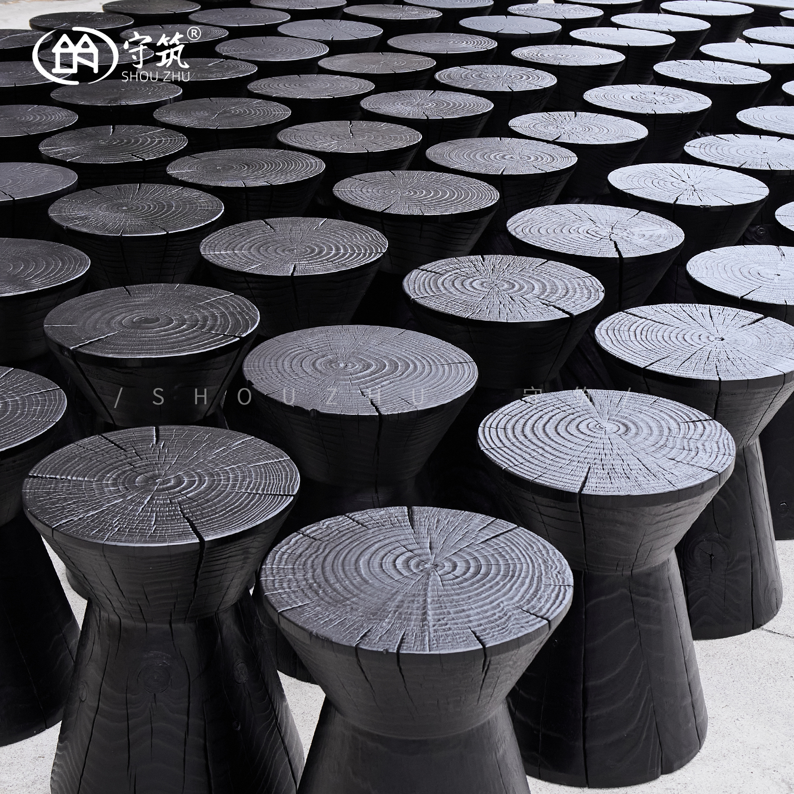 守筑侘寂风碳化木矮凳木墩子边几