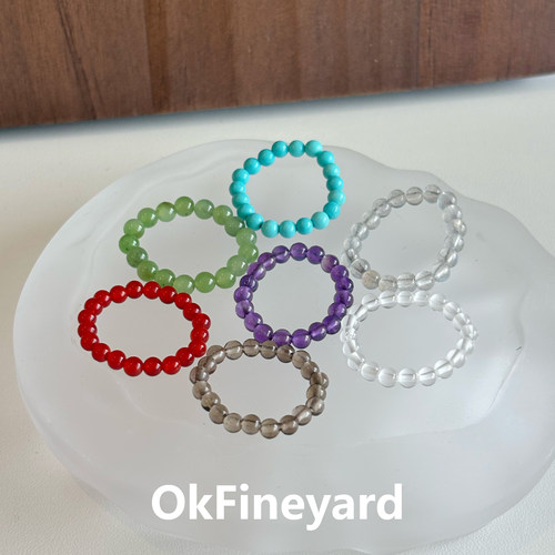 OkFineyard天然石素圈戒指女和田玉珍珠红玛瑙水晶串珠弹力食指环