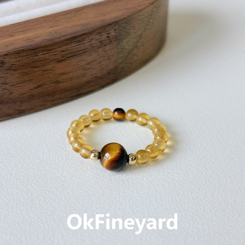 OkFineyard天然巴西黄水晶戒指女虎眼石招财小众设计串珠弹力指环