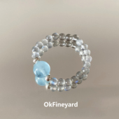 OkFineyard天然灰月光石海蓝宝戒指女水晶串珠转好运指环小众设计