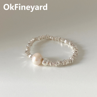 OkFineyard碎银子S925纯银戒指女天然淡水珍珠弹力绳指环轻奢小众