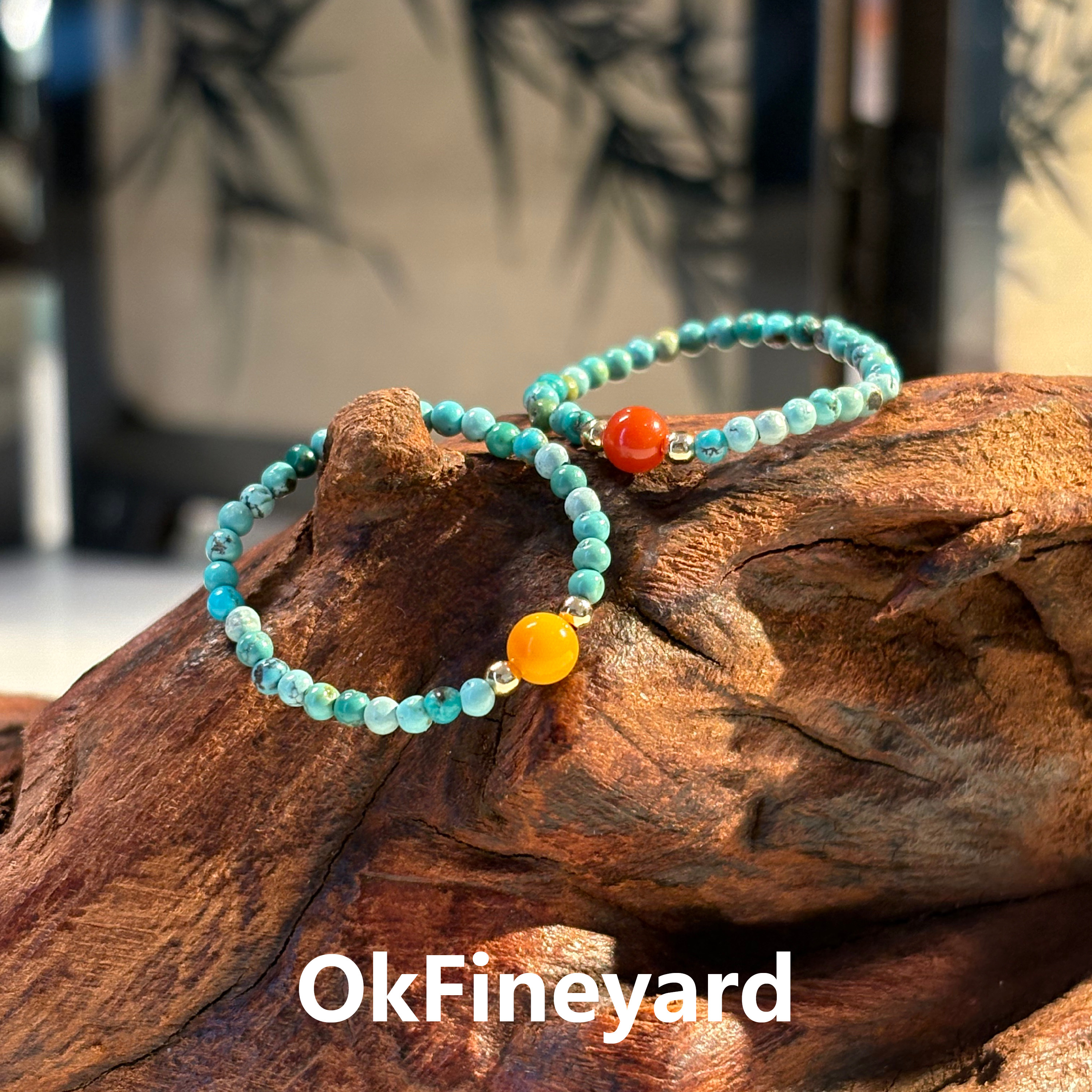 OkFineyard天然绿松石串珠戒指女南红蜜蜡转好运弹力指环素圈尾戒