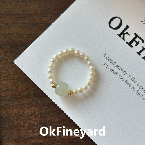 OkFineyard【玉露】天然珍珠和田玉戒指女小众设计轻奢高级感指环