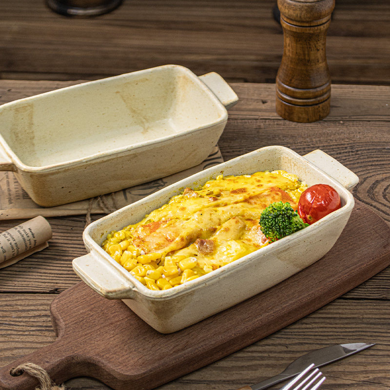 日式复古陶瓷双耳盘烤盘粗陶盘子家用手工高级焗饭盘长条创意餐具