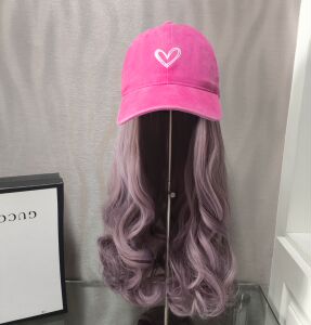 玫红假发一体可拆棒球帽减龄