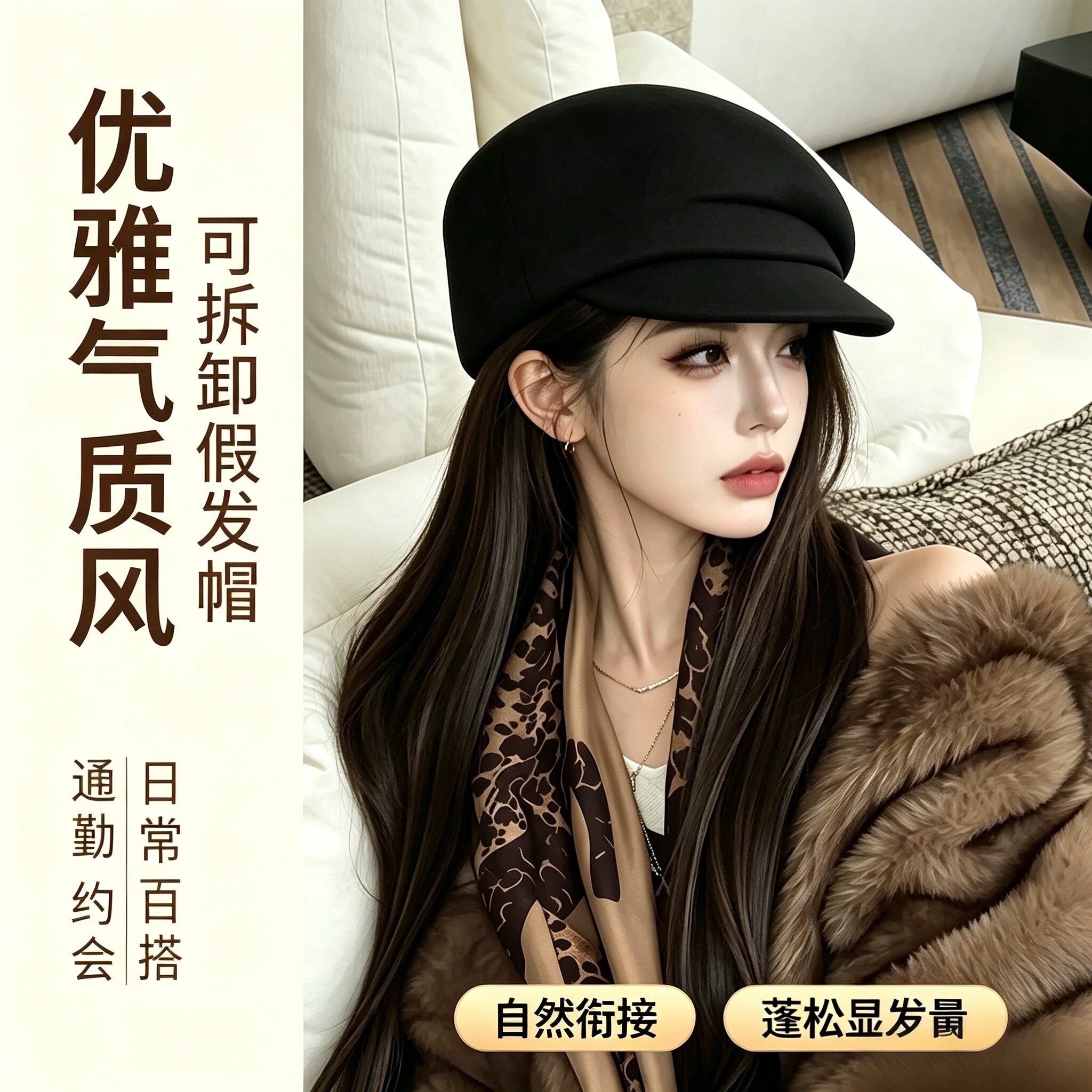 羊毛呢可拆假发显脸小贝雷帽