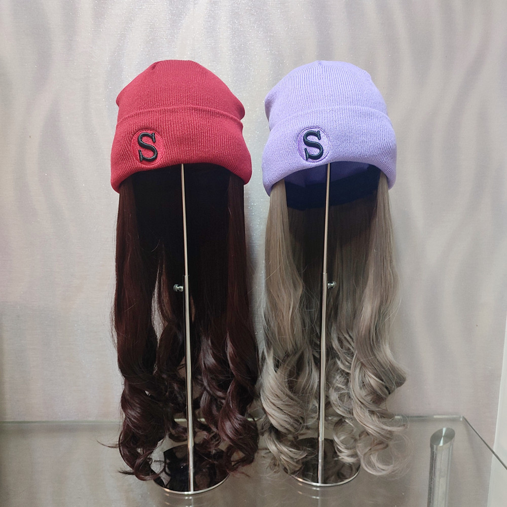 小头围网红假发帽子一体可拆卸针织帽包头时尚字母个性毛线帽女