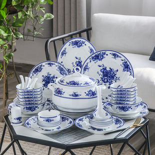 餐具瓷器套装家用景德镇青花瓷碗碟套装中国风陶瓷碗盘微波炉适用