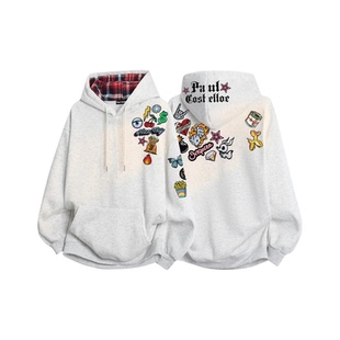 PAUL保罗涂鸦恶搞卡通复古高街拼接格纹休闲廓形落肩套头连帽卫衣