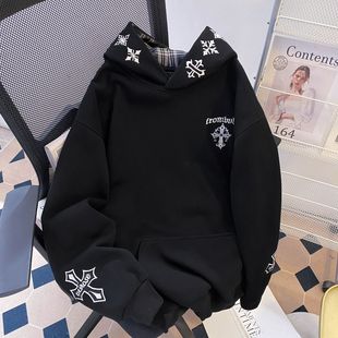 美式高街十字架刺绣重磅帽衫卫衣男款冬季情侣装宽松加绒加厚外套