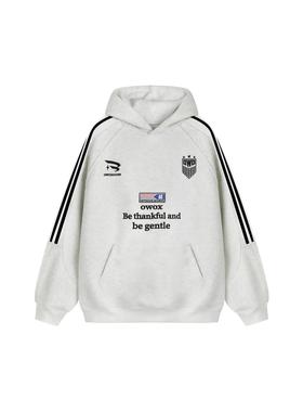 OWOX美式复古学院风印花旗帜徽章宽松休闲三条杠重磅套头连帽卫衣