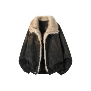 Kawasaki川崎美式 高街翻领扎染美拉德加绒加厚座山雕防风pu皮棉服