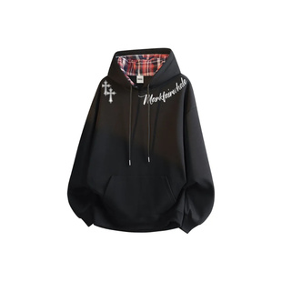 马克美式高街字母印花简约高级休闲落肩套头连帽格子加绒加厚卫衣