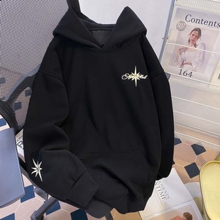 美式 宽松重磅潮牌加绒上衣外套 高街北极星刺绣连帽卫衣男秋冬新款