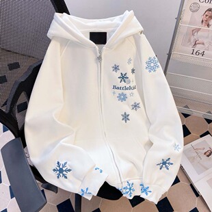美式高街雪花刺绣开衫连帽卫衣女2026年春季加绒情侣百搭休闲外套