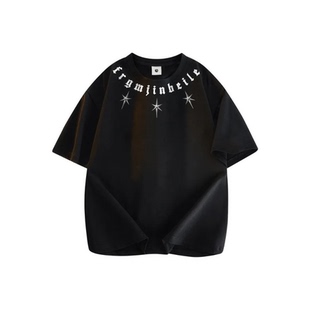 美式潮流哥特字母六芒星环脖印花宽松cleanfit圆领落肩短袖T恤夏