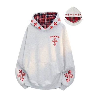 美式潮牌刺绣十字架连帽卫衣女