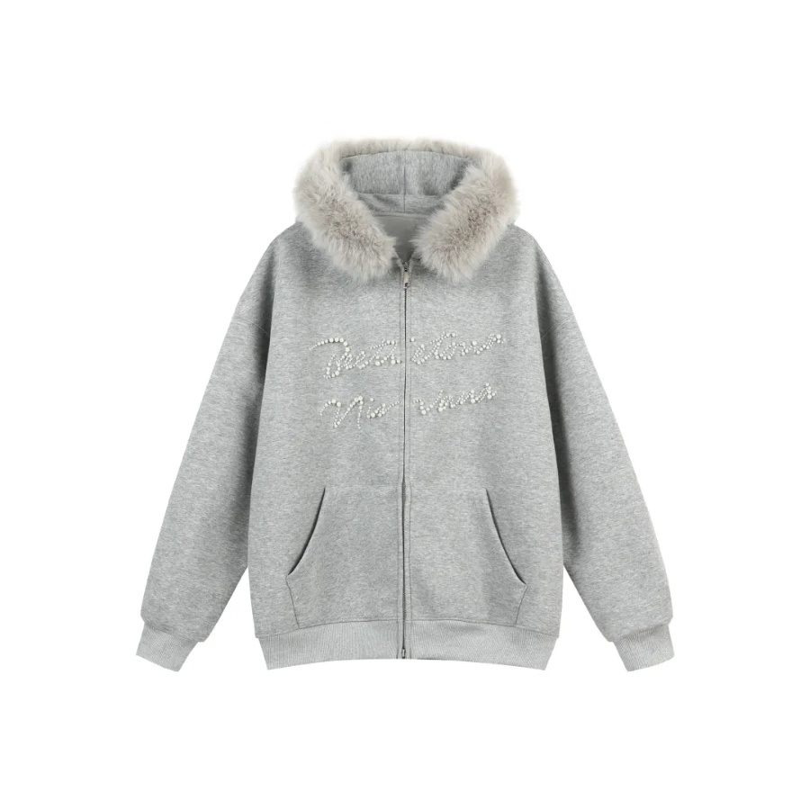 BEETLE美式复古座山雕毛领珍珠拉链休闲开衫连帽卫衣外套秋冬加绒