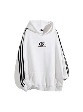 REDU美式重磅条纹织带三条杠简约撞色拼色字母印花连帽宽松卫衣