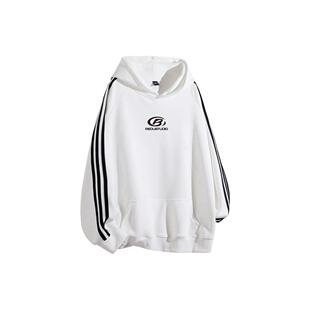 REDU美式 重磅条纹织带三条杠简约撞色拼色字母印花连帽宽松卫衣