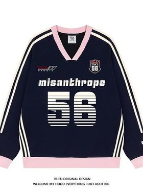 亿万少年BUF美式U复古V领球衣卫衣男女秋季情侣套头外套上衣宽松