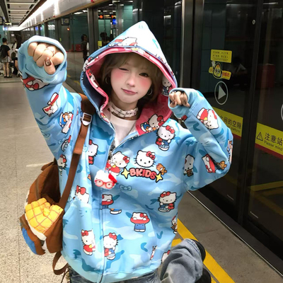 文文不乖设计感撞色凯蒂猫外套