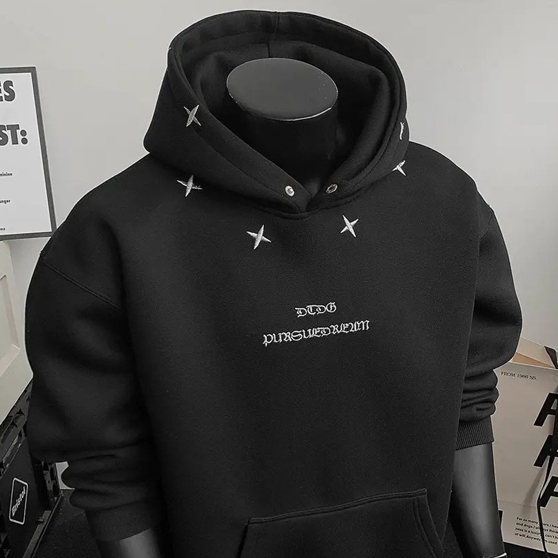 美式高街四芒星刺绣设计感连帽秋冬宽松加绒加厚情侣外套上衣卫衣,男装,卫衣,淘宝优惠券,粉丝福利购,淘宝优惠卷