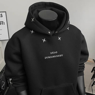 美式 高街四芒星刺绣设计感连帽秋冬宽松加绒加厚情侣外套上衣卫衣