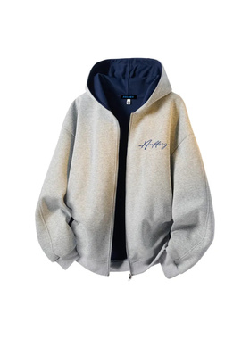 AULD美式植绒手绘cleanfit廓形拼接撞色男女连帽开衫外套卫衣秋冬