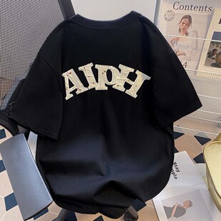 国潮牌字母刺绣短袖t恤男款2026新款夏季宽松黑色高级感重磅上衣