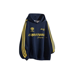 XIXN美式 字母印花简约潮流宽松连帽条纹口袋卫衣 重磅高街落肩袖