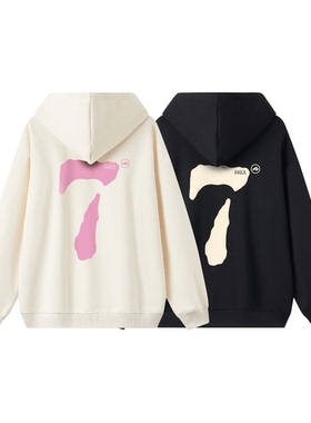 PAKA幸运数字“7”字母Logo印花宽松休闲落肩套头连帽卫衣