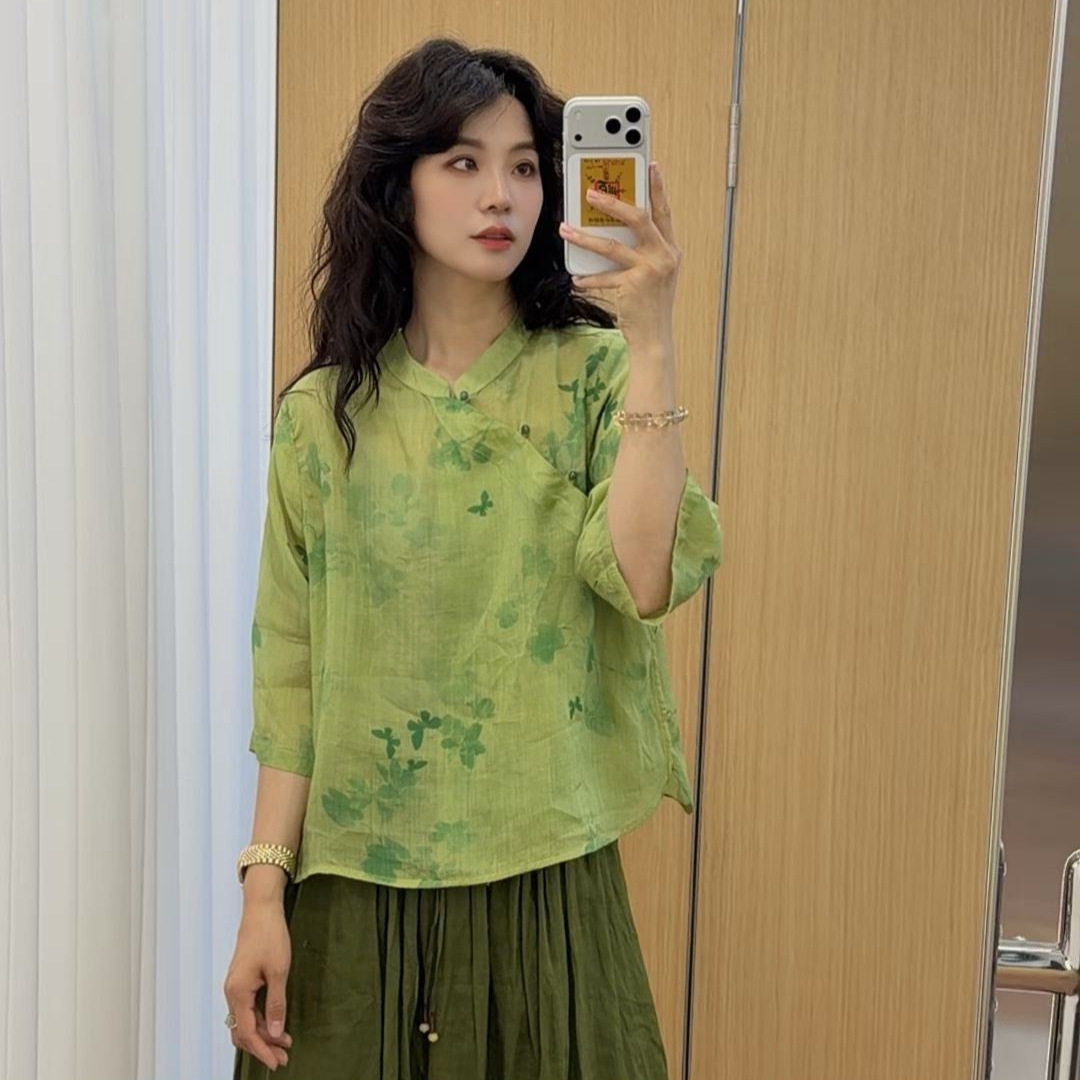 园园美衣新款苎麻印花立领斜襟衬衫女复古新中式盘扣宽松套头小衫