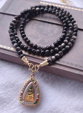 天然银曜石水晶佛牌项链子唐卡吊坠挂链原创设计纯银配饰泰国牌子