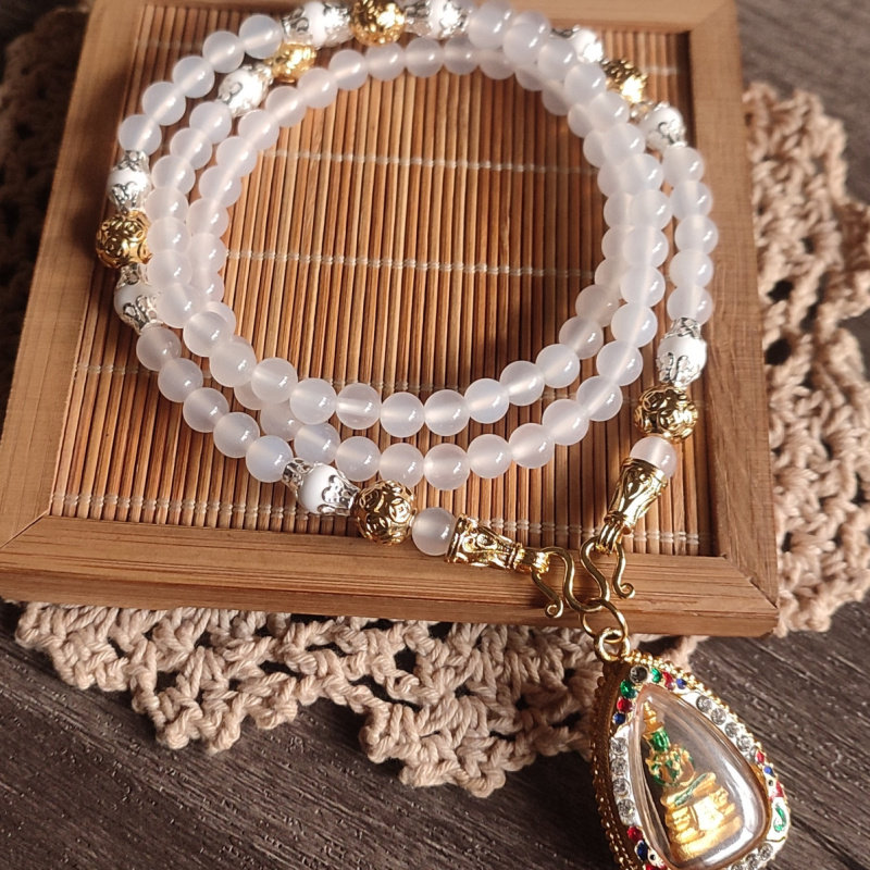 挂泰国佛牌链子天然白玛瑙珠水晶吊牌唐卡吊坠挂链项链原创佛链绳