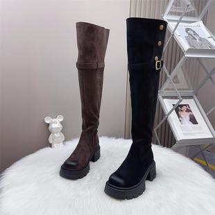 小个子增高7cm翻折两穿高筒靴长筒靴女厚底过膝弹力绒面长靴子女