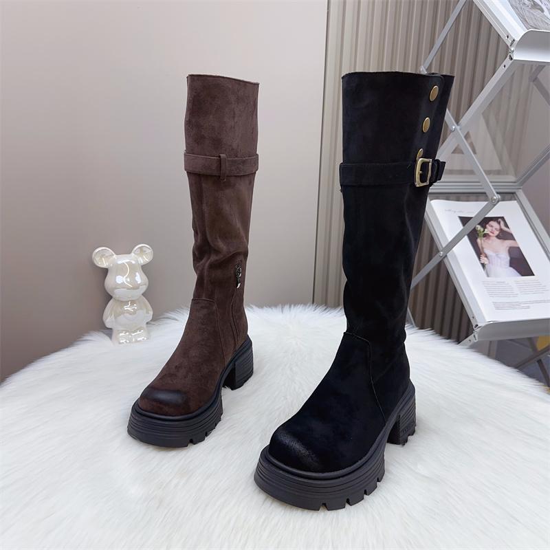 韩版绒面圆头厚底增高长筒靴
