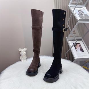 小个子增高翻折两穿高筒靴长筒靴女加绒厚底过膝显瘦绒面长靴子