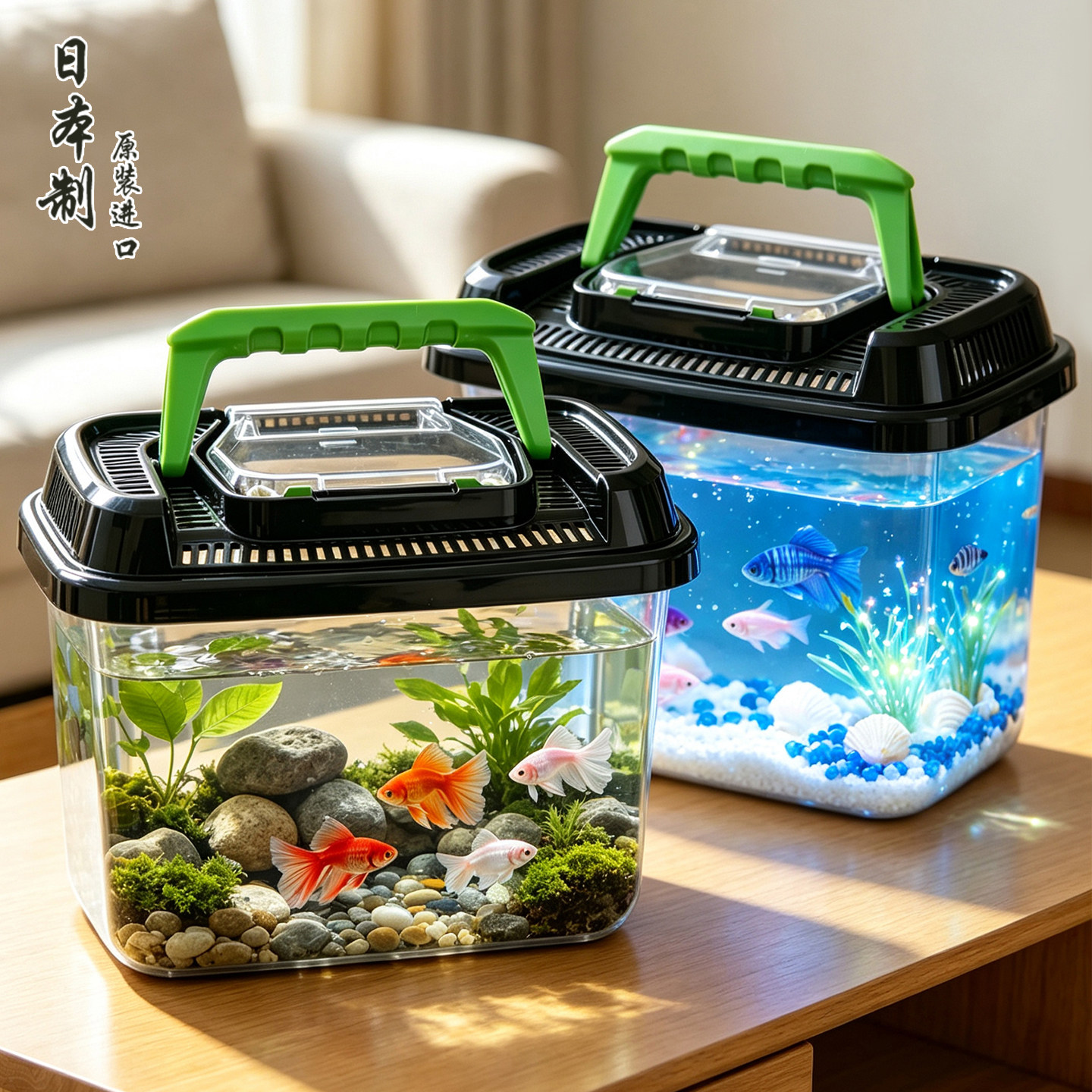日本进口手提塑料鱼缸家用小型观赏金鱼便携饲养盒带盖透气乌龟缸