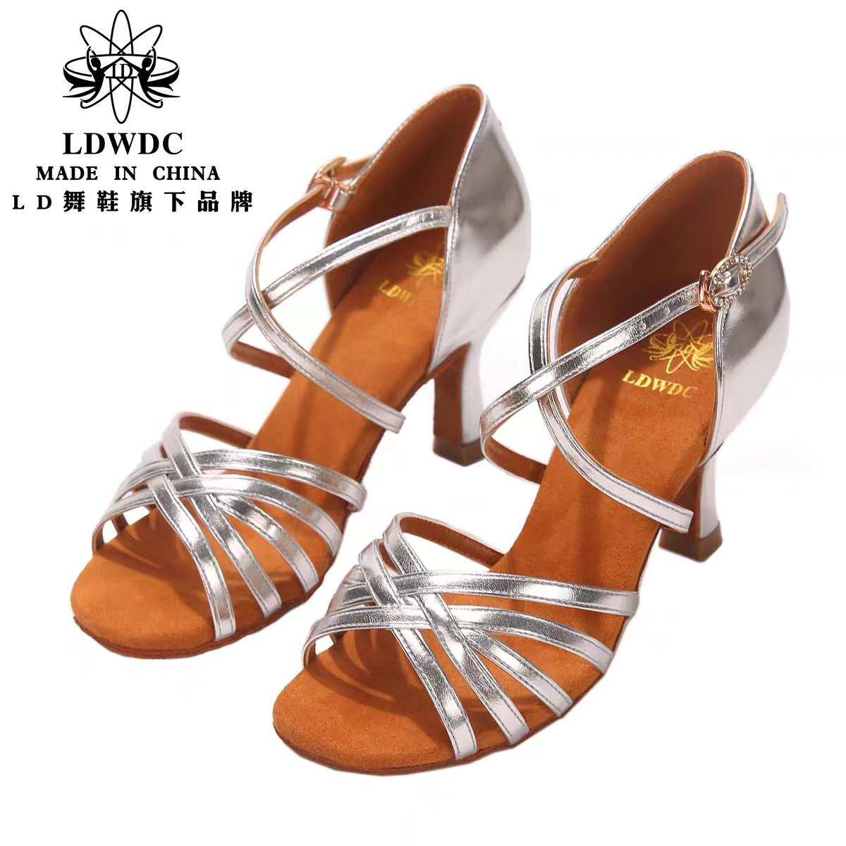 ld拉丁舞鞋女成人学生软底高跟国标舞鞋银色表演舞鞋五带款ldwds