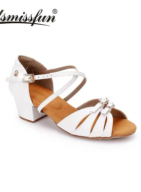 ADSmissfun女童拉丁舞鞋加厚软底宽松可调节儿童恰恰白色舞鞋2176