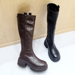 专柜好货5cm高复古厚底粗跟靴长筒靴子2025冬新款高筒靴高跟女靴